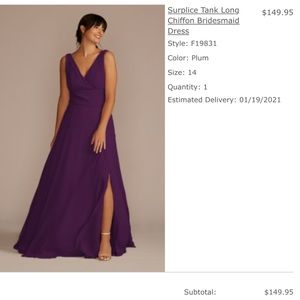 David’s Bridal Chiffon Bridesmaid’s Gown - Size 14.